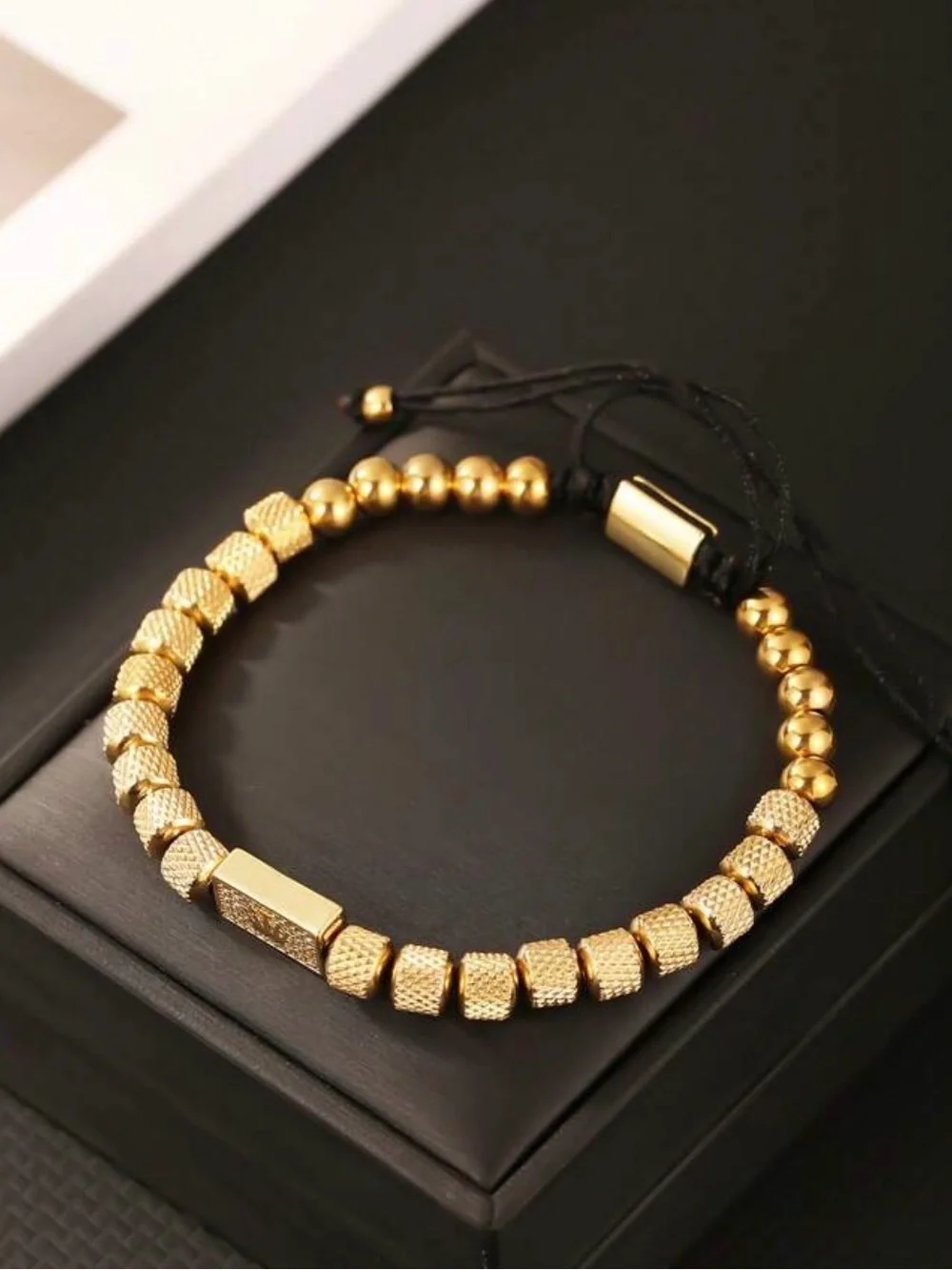 Gold Beaded Men's Bracelet with Black Cord